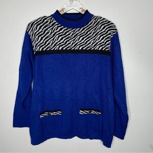 90s ADOLFO SPORT BLUE ZEBRA KNIT SWEATER SZ XL
